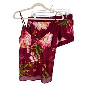 Ted Baker Serenity Satin Floral Camisole Shorts Sleep Set Wine Size 10 NWT